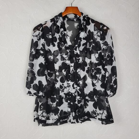 a.n.a Womens Blouse Size PM Black White Floral Sheer Button Front 3/4 Sleeve - Picture 1 of 12